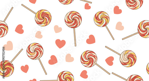 Sweet seamless pattern of colorful swirl lollipops on wooden sticks and tiny pink hearts on a crisp white background for a candy shop theme.