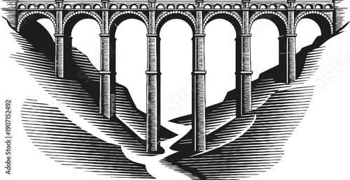 Stone arch bridge spanning a deep valley with tall pillars and flowing river below