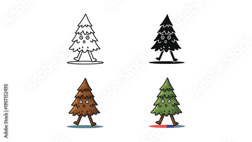 Whimsical Christmas tree character with eyes and legs in four styles: outline, silhouette, brown, and green with colorful base