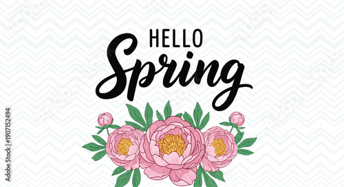 Hello spring greeting card or banner featuring a beautiful arrangement of pink peony flowers and green leaves on a white chevron background.