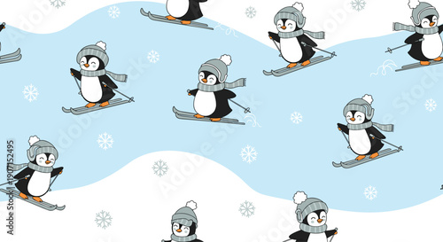 Fun seamless pattern of cute penguins in winter gear skiing down a snowy slope with falling snowflakes on a light blue and white background.