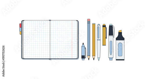 Basic school and office supplies set featuring an open notebook with grid paper alongside various pencils, pens, and a blue highlighter pen.
