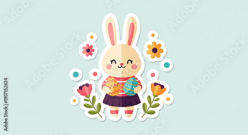 A cute cartoon bunny wearing a colorful dress and surrounded by flowers and leaves on a light blue background easter