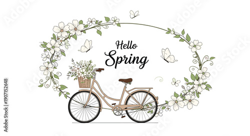 Elegant floral wreath surrounding a vintage bicycle with a basket full of flowers and fluttering butterflies featuring Hello Spring text.