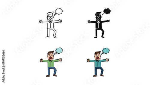 Stressed Man with Arms Outstretched, Four Styles for Worry and Concern