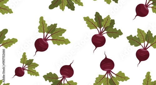Organic seamless pattern featuring whole purple beetroots with fresh green leaves scattered on a white background for healthy food themes.