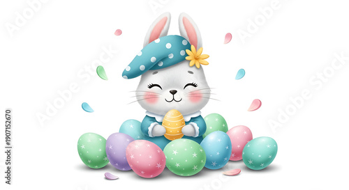A cute cartoon bunny wearing a blue hat with white polka dots and a yellow flower sitting on pastel colorful easter eggs easter