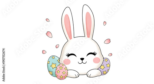 A cute cartoon white bunny with pink ears and rosy cheeks holding colorful easter eggs easter