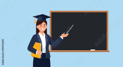 Confident female teacher or graduate wearing a mortarboard and holding a book while pointing at a blank blackboard on a blue background.