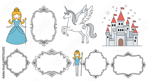 Enchanting fairy tale set including a beautiful princess, a majestic castle, a winged unicorn, and various decorative ornate frames for girls.