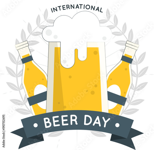 Celebration of International Beer Day with beer bottles and a pint glass surrounded by leaves and foam