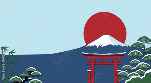 Japanese New Year Mount Fuji and Torii Gate Vector Background