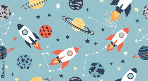 Dynamic space themed seamless pattern featuring rockets, various planets, and constellations on a blue background for boys nursery decor.
