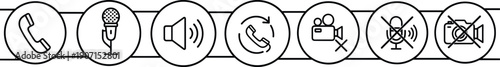 Minimal Black Outline Circular Communication and Media Control Icons Set for Call, Audio, and Video User Interface