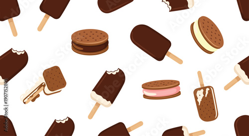 Delicious seamless pattern featuring various chocolate dipped ice cream bars and ice cream cookie sandwiches on a clean white background.