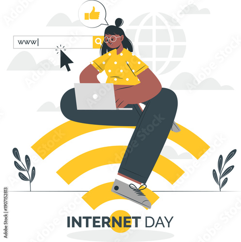 Woman sitting on Wi-Fi symbol using laptop on a sunny day outdoors with a satisfied expression