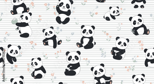 Playful seamless pattern with cute panda bears sitting and playing on a light grey horizontal striped background with tiny flowers for kids.