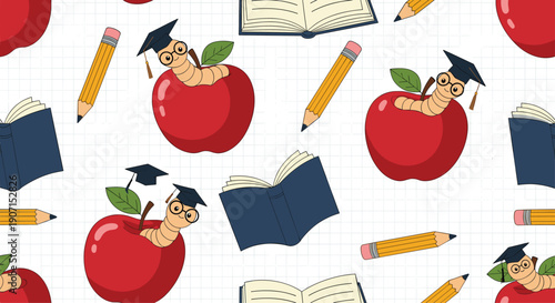 Fun school themed seamless pattern featuring red apples with cute worms in graduation caps, pencils, and open books on a grid background.