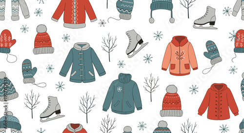 Cozy winter seamless pattern with a variety of warm clothes like coats, hats, mittens, and ice skates among snowflakes on a white background.