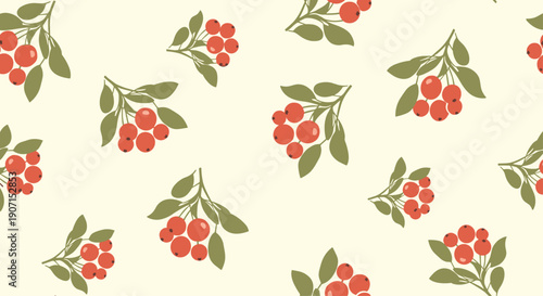 Red berries and green leaves seamless pattern on light cream background creates a charming botanical design for textiles and wallpapers.