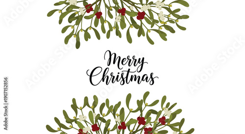 Festive mistletoe branches with white and red berries frame a Merry Christmas holiday greeting text on a clean white background.