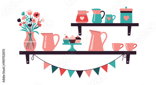 Cozy kitchen shelf scene with a bouquet of flowers, sweet cupcakes, ceramic jugs, and coffee cups in soft pink and teal color palette.