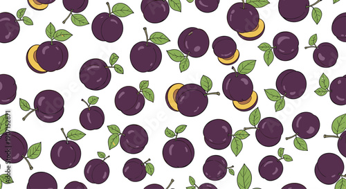 Detailed seamless pattern of ripe purple plums with green leaves and yellow fruit slices on a white background for fresh food designs.
