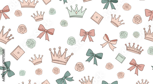 Royal princess theme pattern includes elegant pink and green crowns, roses, and ribbons for a whimsical girls bedroom or party decor.