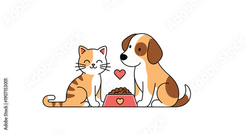 Cute illustration of an orange striped cat and a brown and white dog sitting together peacefully next to a food bowl.