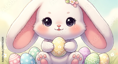 Adorable cartoon bunny holding an easter egg surrounded by colorful eggs in a field of flowers on a sunny day with a blue sky easter