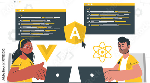 Developers collaborating on coding projects with Angular and React frameworks on laptops in a modern workspace
