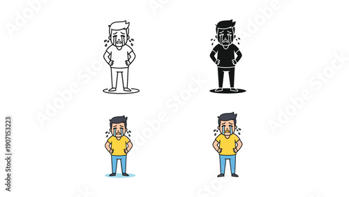 Crying Man Icon Set: Tears and Sadness in Outline, Silhouette, and Color