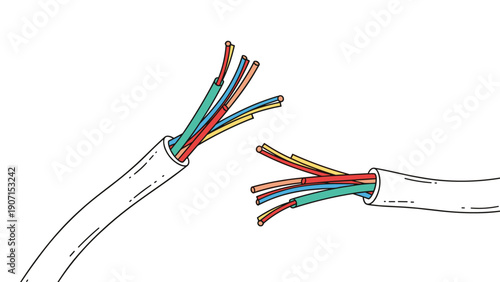 Cut end of a thick white electrical cable reveals multiple internal colored wires for electrical repair, power connections, and technical wiring projects.