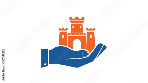Blue hand icon holding a bright orange castle silhouette represents heritage preservation, property protection, and historical site management services.