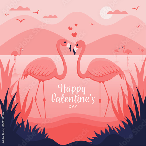 Two pink flamingos in love forming a heart shape with Happy Valentines Day text
