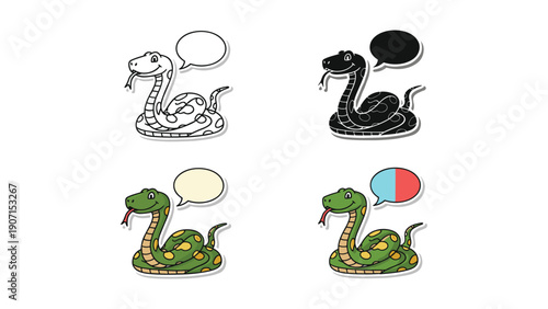 A green snake with a speech bubble in four styles: outline, silhouette, and two colored versions.