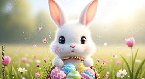 A cute white bunny sitting in a basket with colorful easter eggs surrounded by flowers and grass in a sunny meadow easter