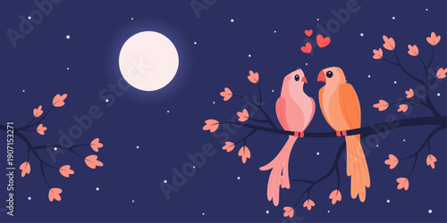 Romantic birds couple perched on a tree branch under the full moon at night