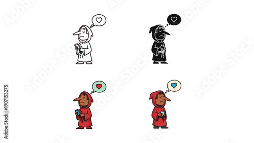 Four monk icons with thought bubbles: outline, silhouette, red and blue.