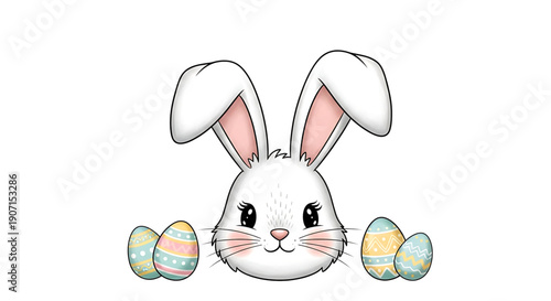 Cute cartoon bunny face with colorful easter eggs on for spring holiday decoration easter