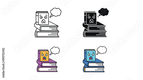 Surprised Book Stack Icons, Funny Characters Representing Knowledge and Learning