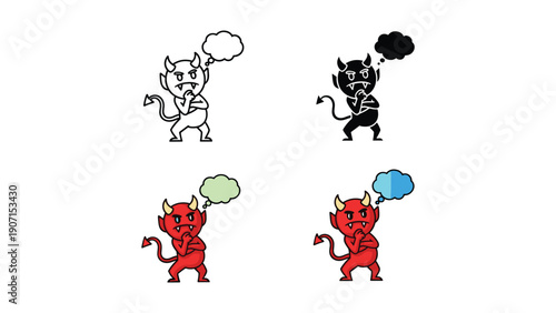Four devil illustrations with thought bubbles: outline, silhouette, red and blue.