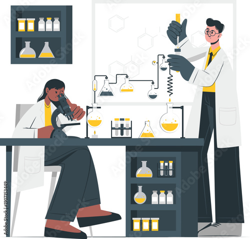 Scientists conducting experiments in a laboratory setting with various equipment, observing and analyzing results from a seated position and standing viewpoint