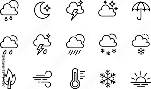 Linear vector icon set for weather and meteorology featuring rain clouds thunderstorms moon stars umbrella snow sleet thermometer wind snowflake and sunrise for forecasting
