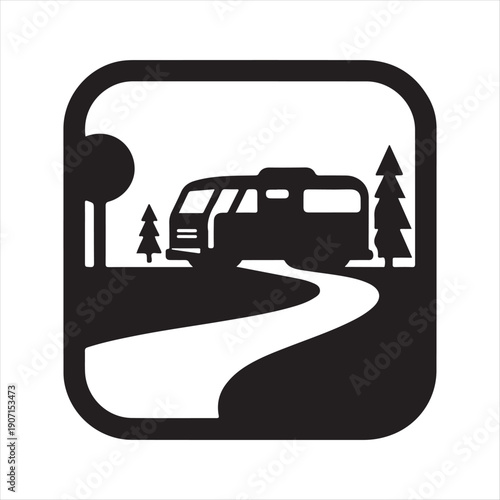 Camper van hidden road abstract silhouette line art logo design concept illustration