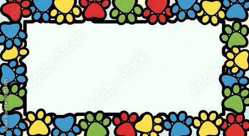 Colorful paw print border frame with blank white interior for text or image easter