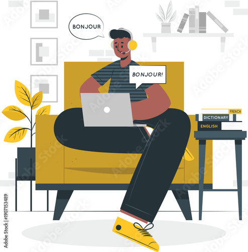 Man working on laptop while sitting comfortably on a yellow couch in a modern living room