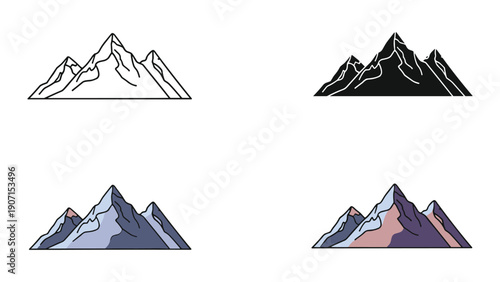 Stylized mountain range icons: outline, silhouette, blue-purple and pink-purple.