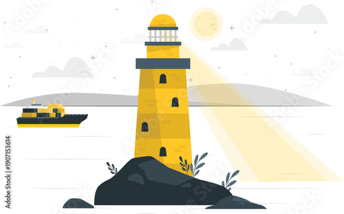 A vibrant yellow lighthouse stands on a rocky island, guiding a passing ship through the calm waters under a bright sunny sky.