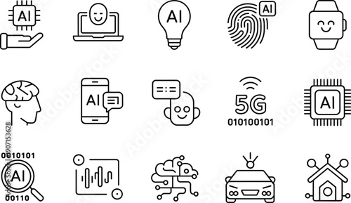 Linear vector icon set for artificial intelligence and smart technology featuring AI microchips facial recognition digital brains 5G connectivity smartwatches and automated self driving cars